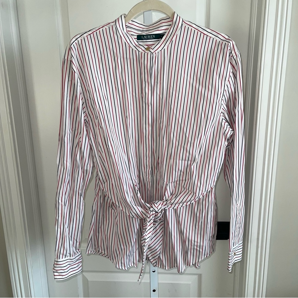 Lauren Ralph Lauren Striped Tie Front Blouse White Red Black Size L
